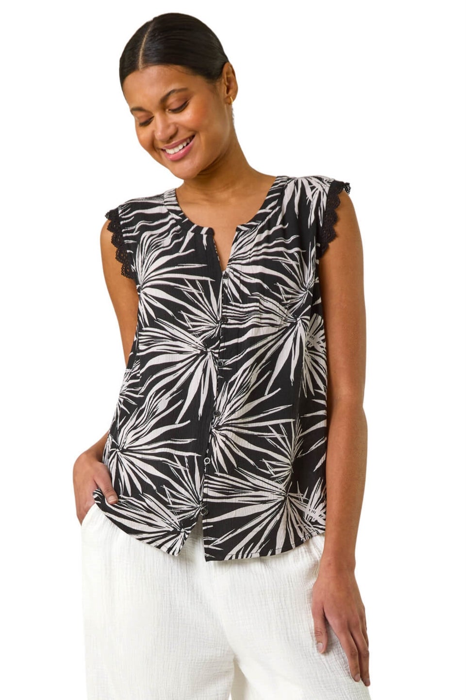 Roman Black Leaf Print Lace Detail Vest