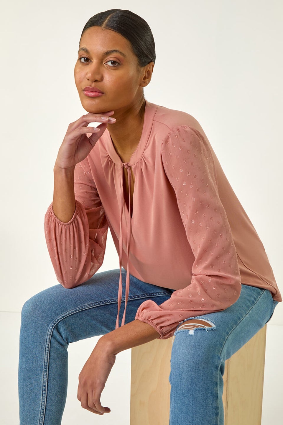 Roman Peach Tie Neck Shimmer Dobby Sleeve Top