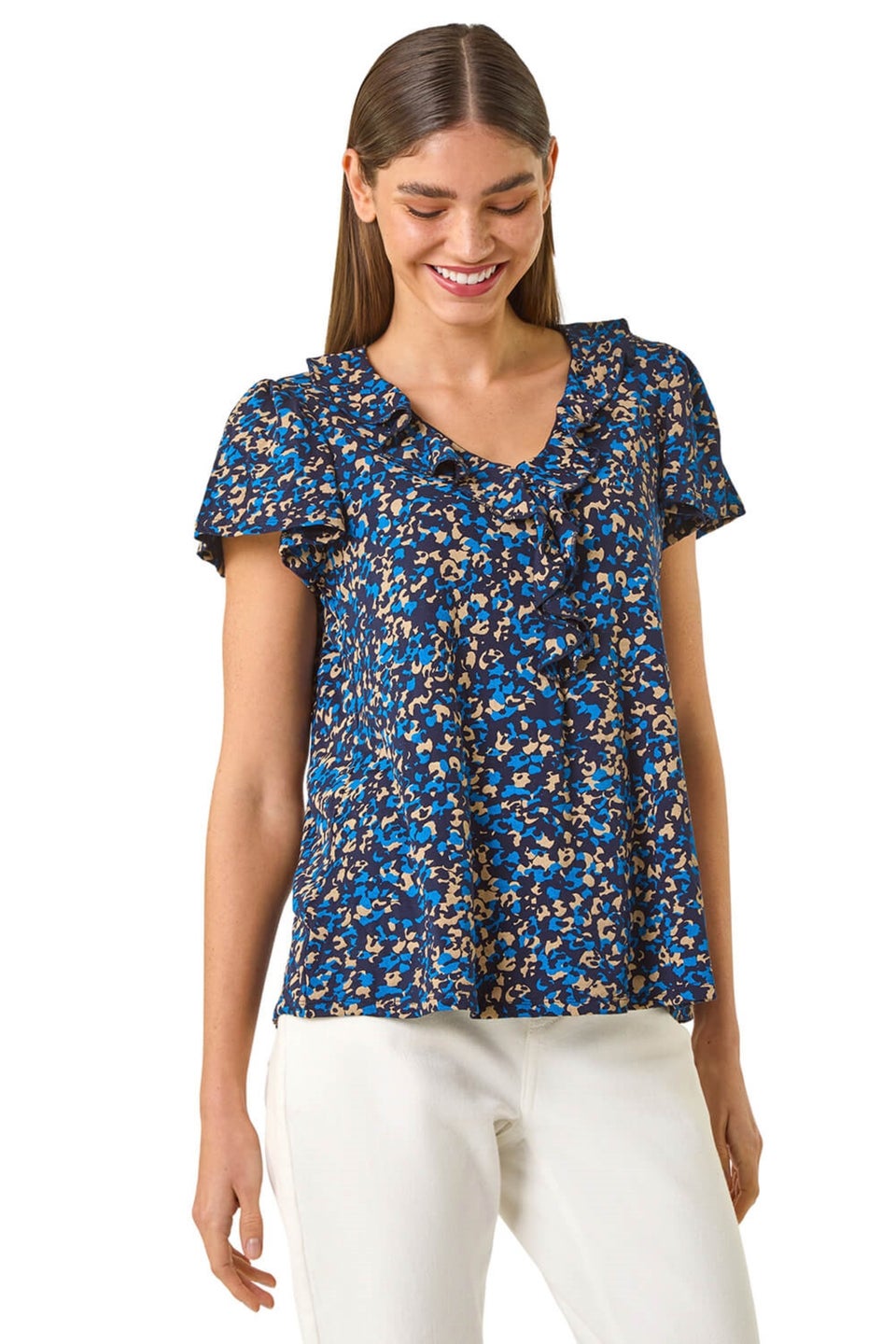 Roman Navy Printed Ruffle V Neck Stretch Top