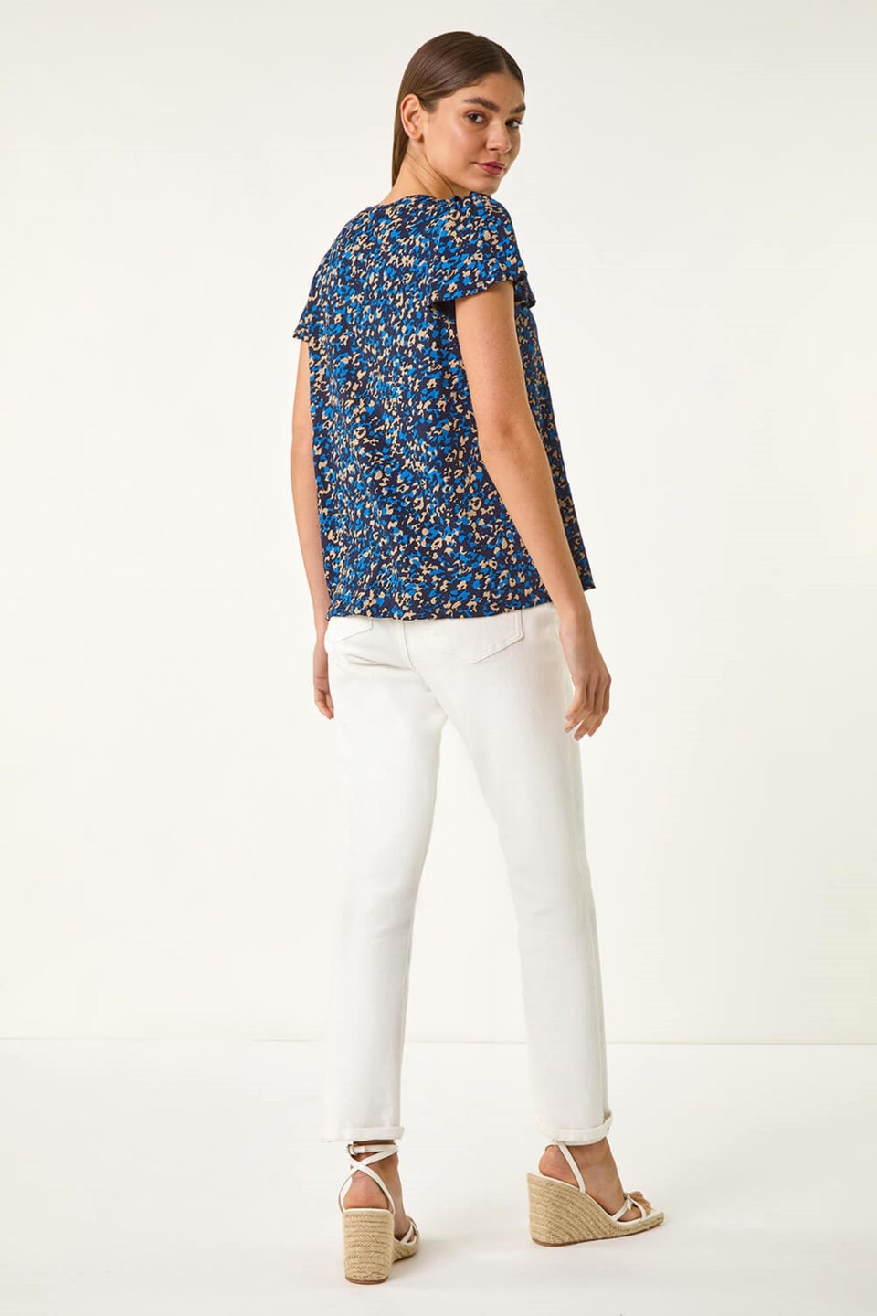 Roman Navy Printed Ruffle V Neck Stretch Top