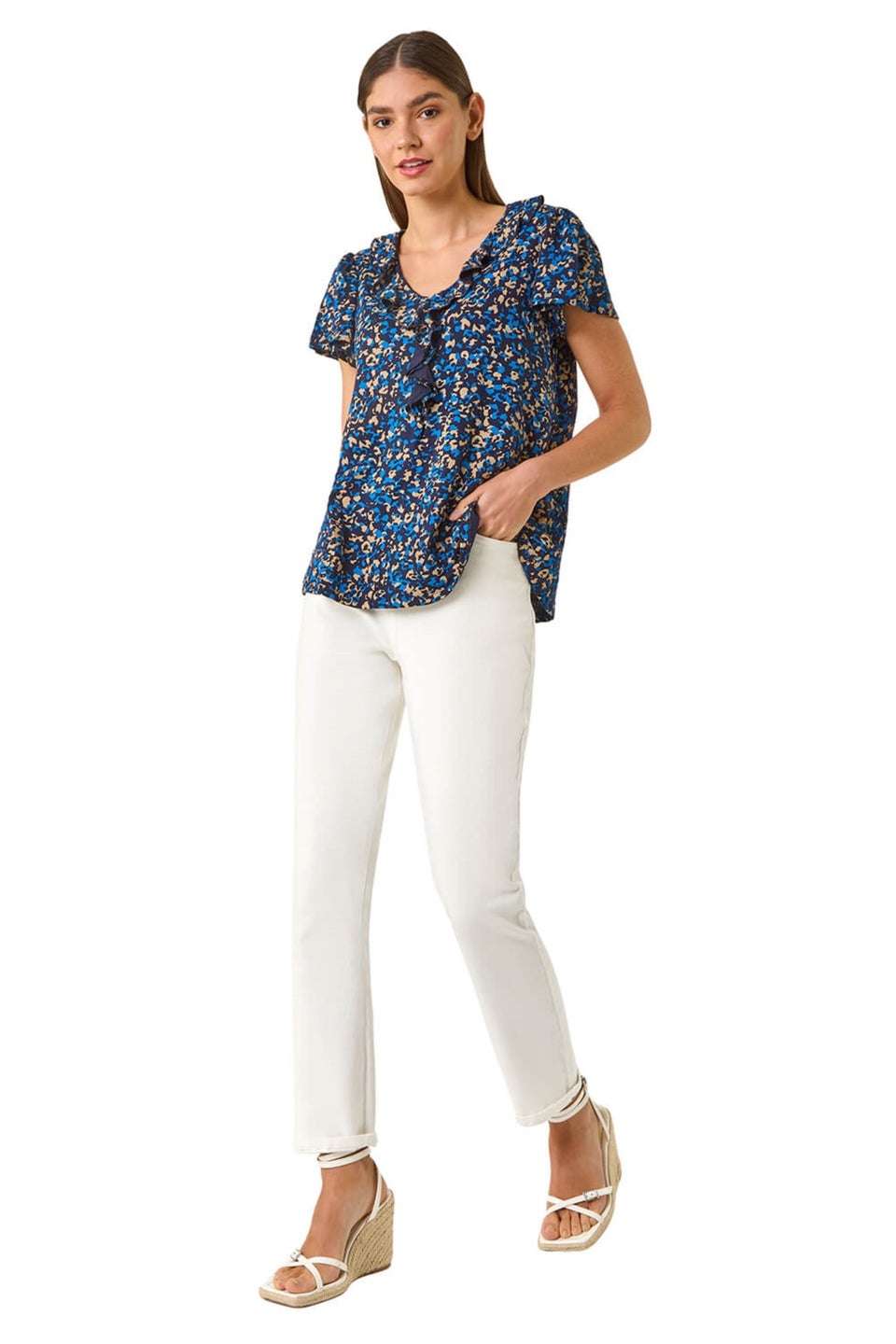 Roman Navy Printed Ruffle V Neck Stretch Top