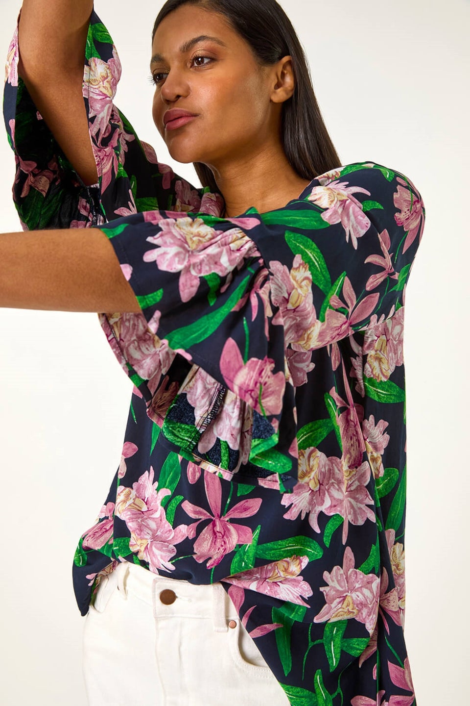 Roman Pink Floral Flare Sleeve Top