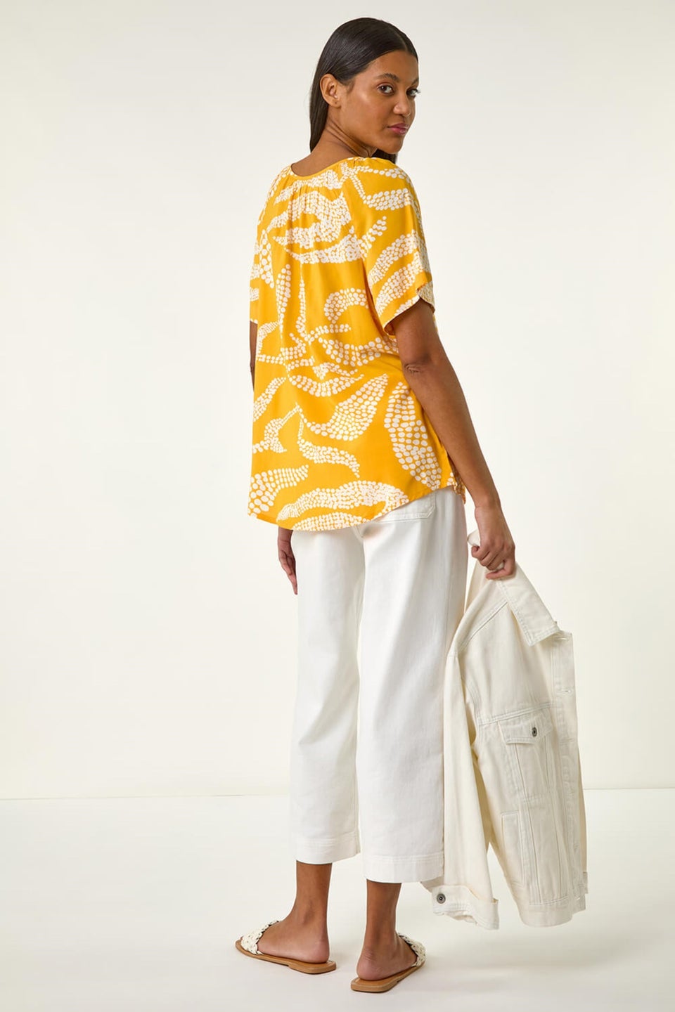 Roman Yellow Leaf Print Button Detail Top