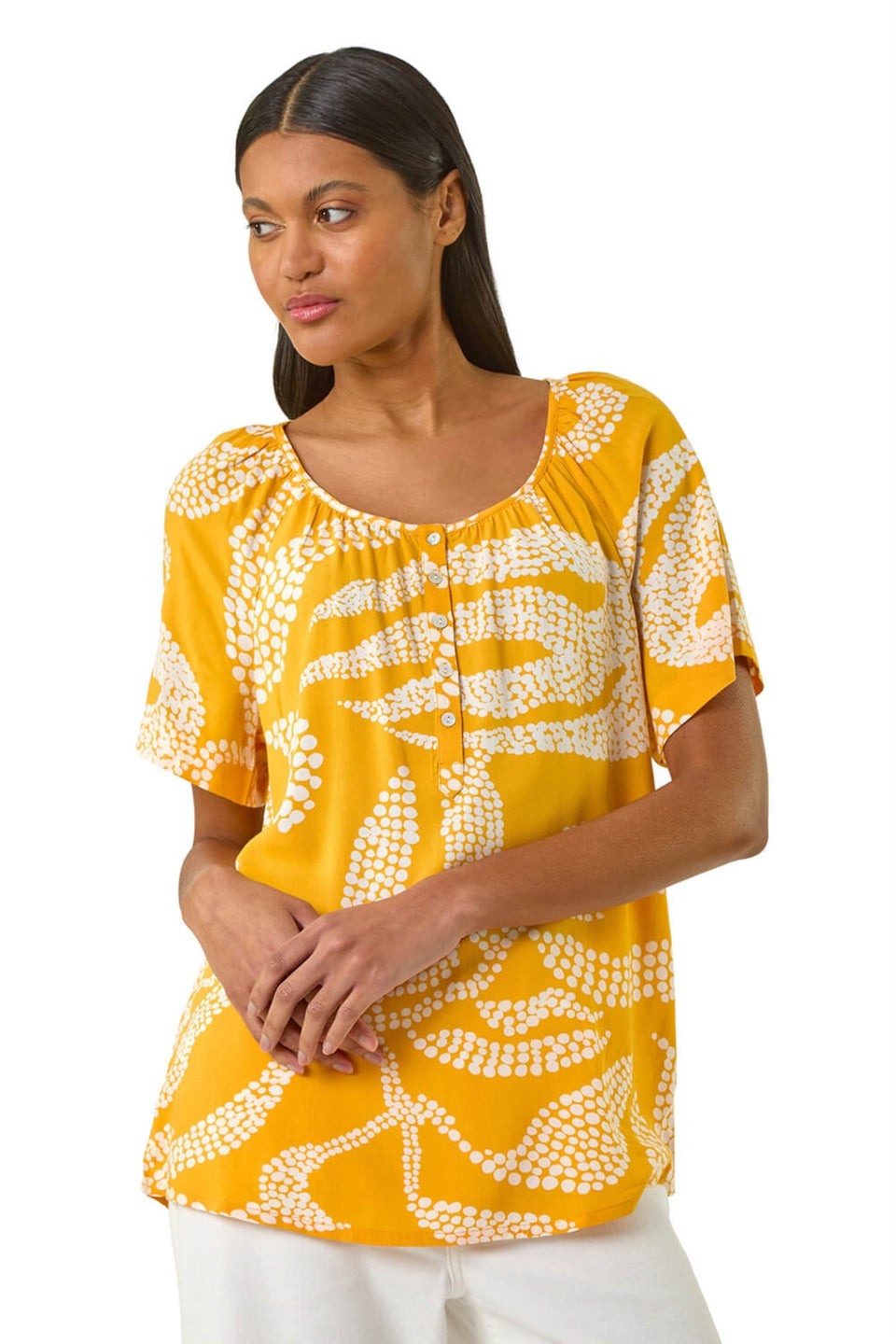 Roman Yellow Leaf Print Button Detail Top