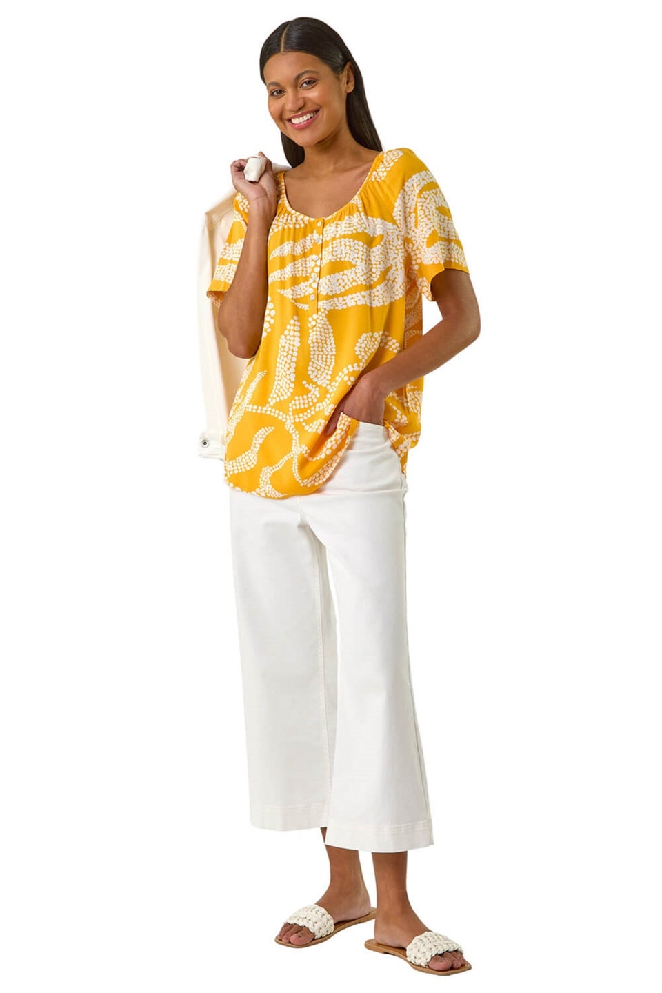 Roman Yellow Leaf Print Button Detail Top