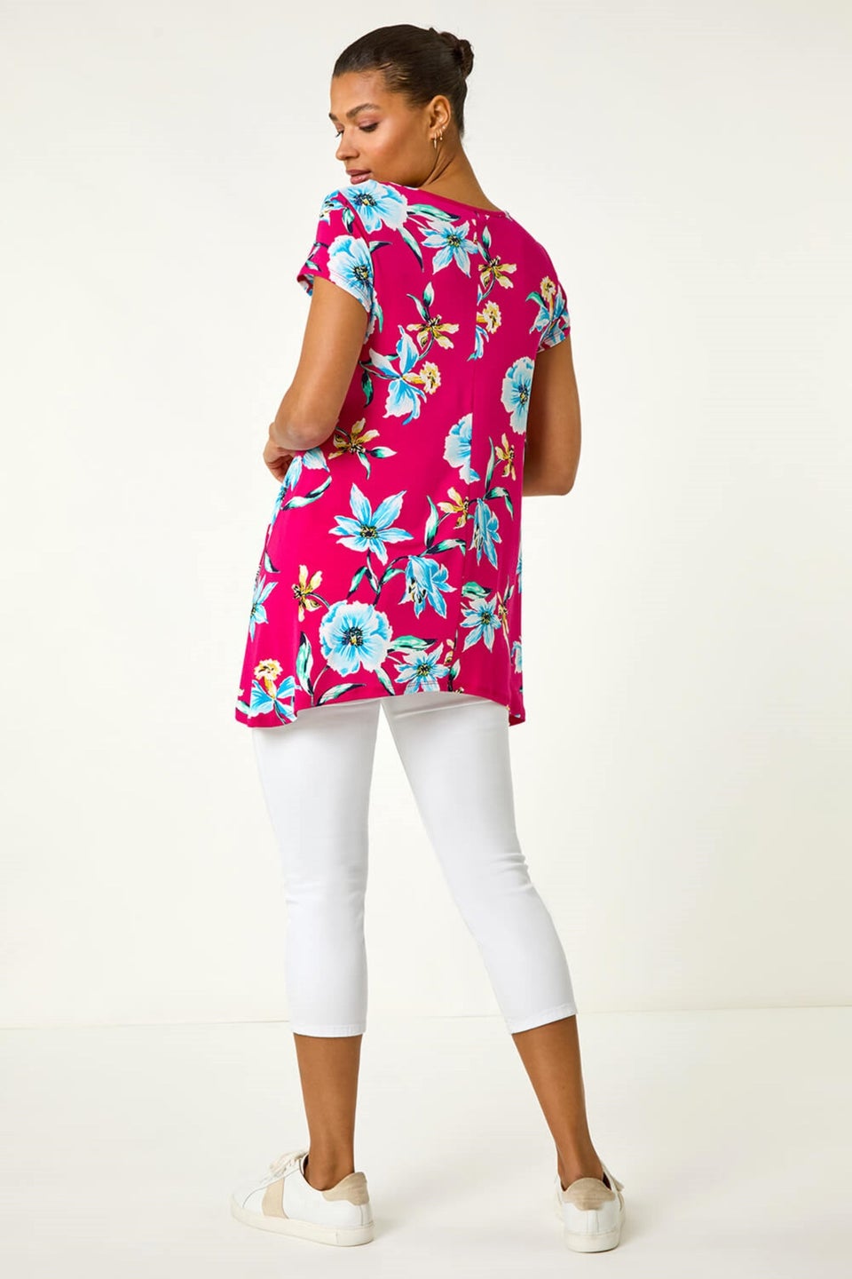 Roman Fuchsia Floral Print Hanky Hem Stretch Tunic Top