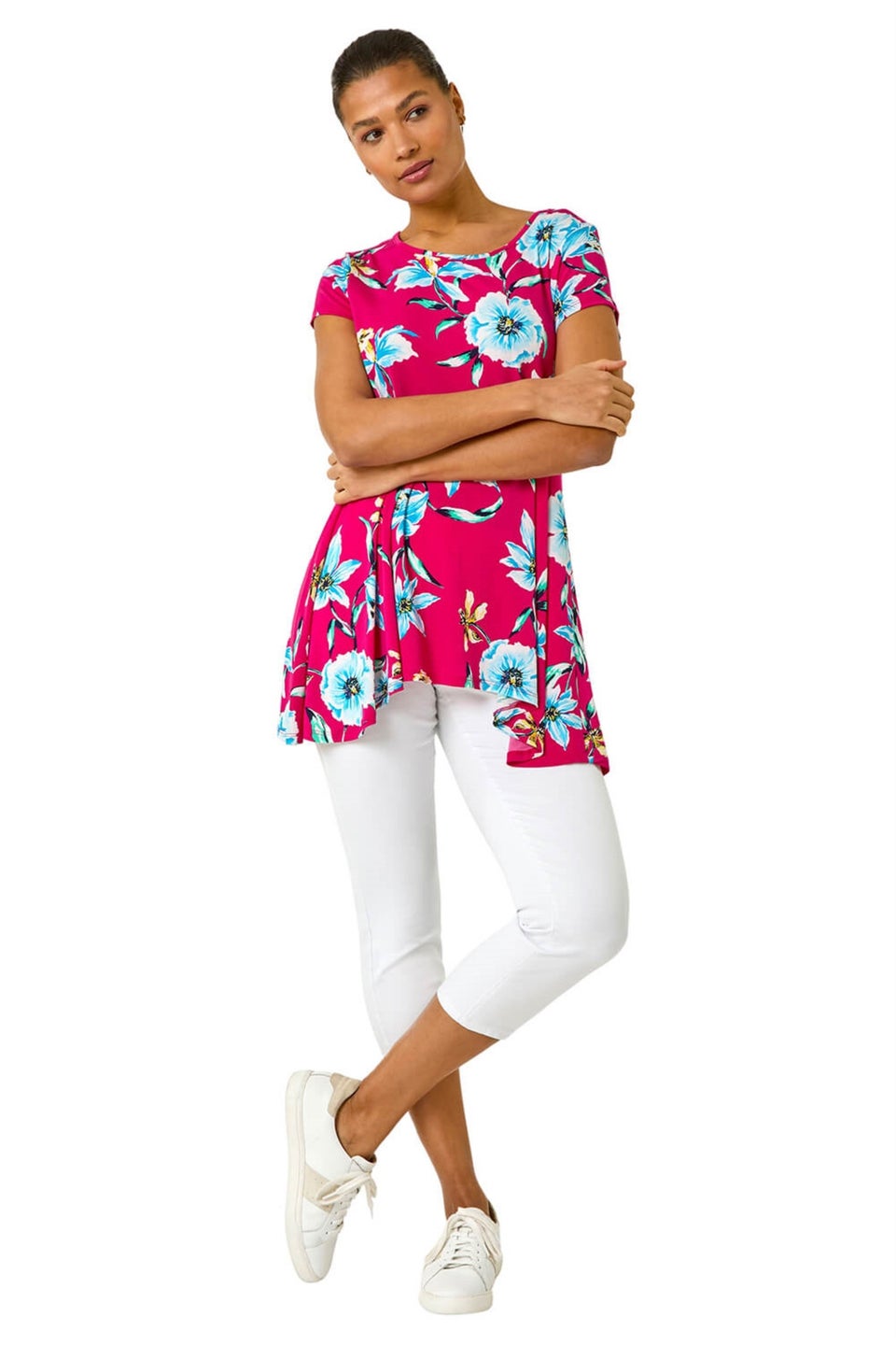 Roman Fuchsia Floral Print Hanky Hem Stretch Tunic Top