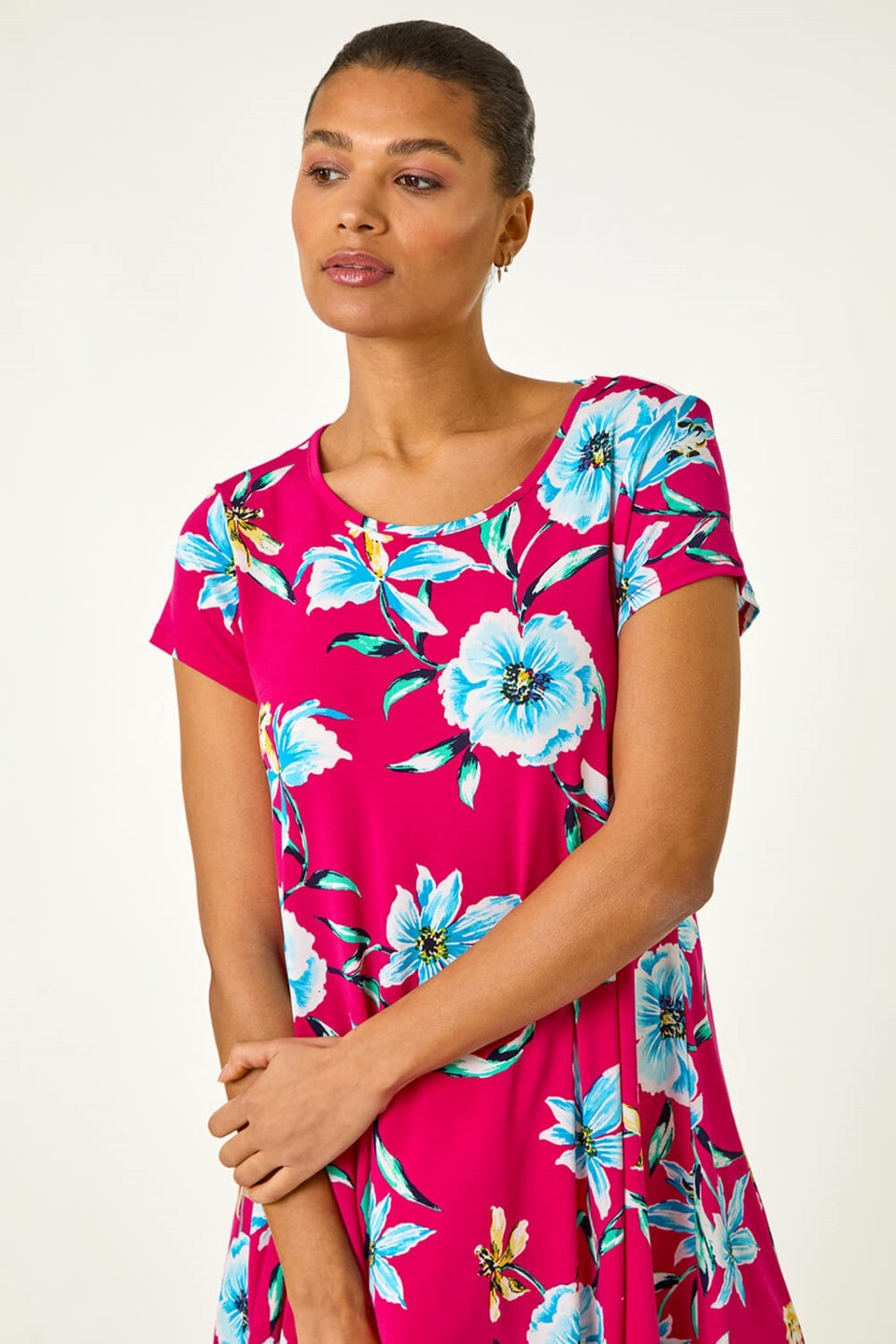 Roman Fuchsia Floral Print Hanky Hem Stretch Tunic Top