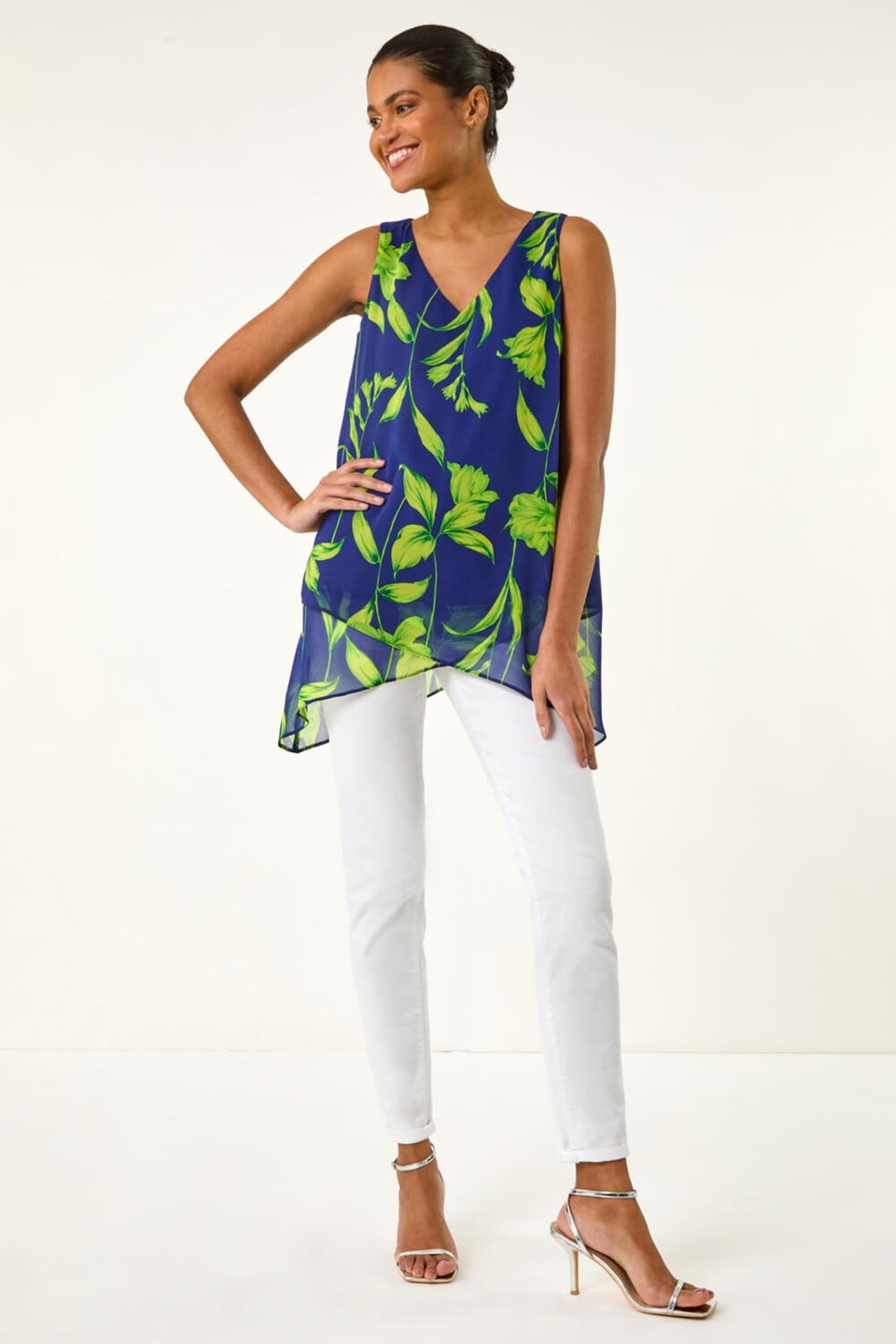 Roman Navy Floral Print Wrap Overlay Top