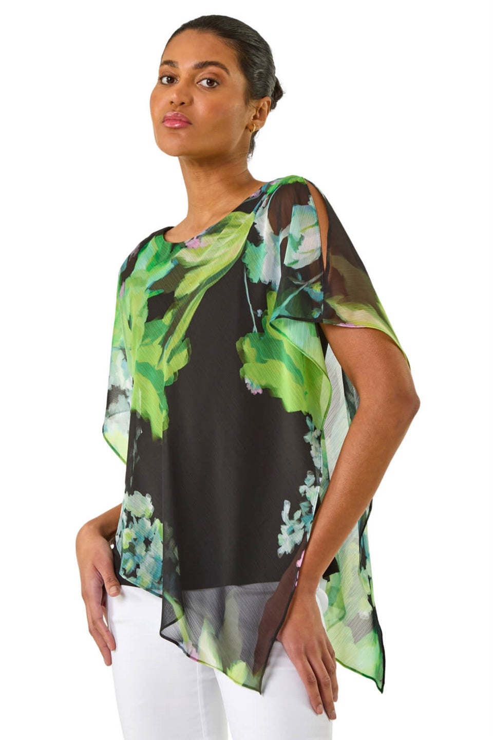 Roman Green Floral Print Asymmetric Overlay Top