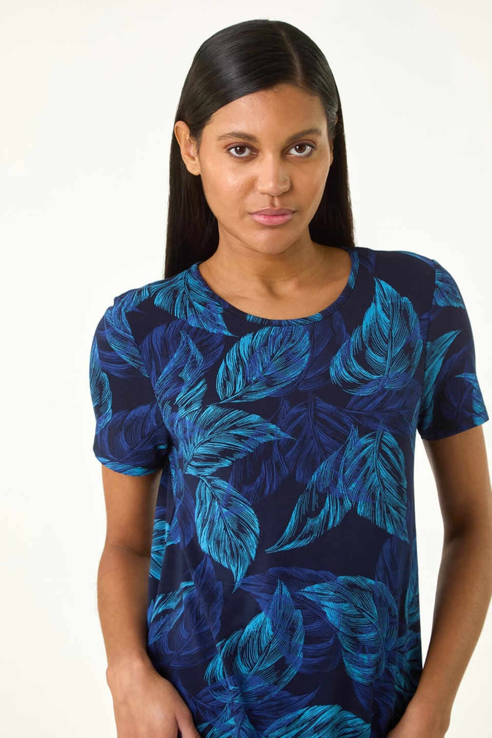 Roman Navy Leaf Print Stretch Tunic Top