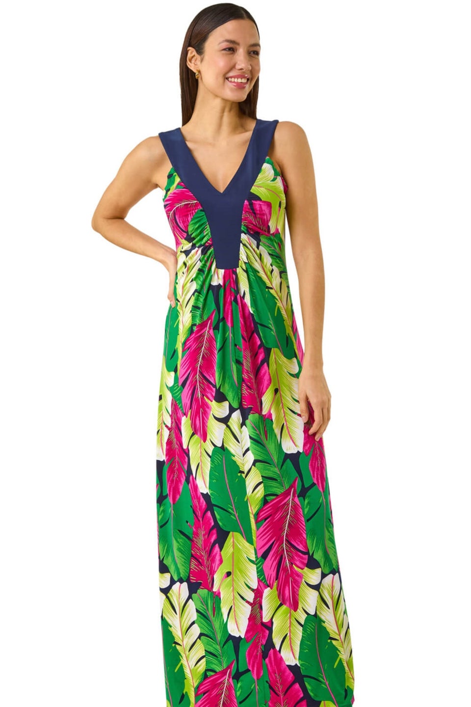 Roman Green Leaf Print Contrast Band Maxi Dress