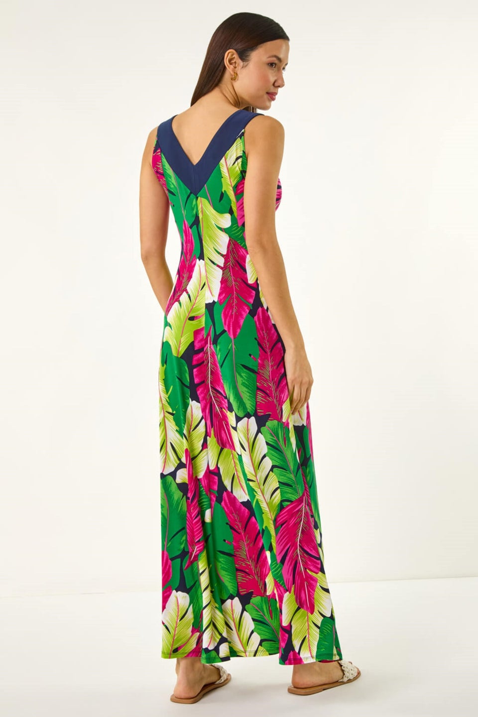 Roman Green Leaf Print Contrast Band Maxi Dress