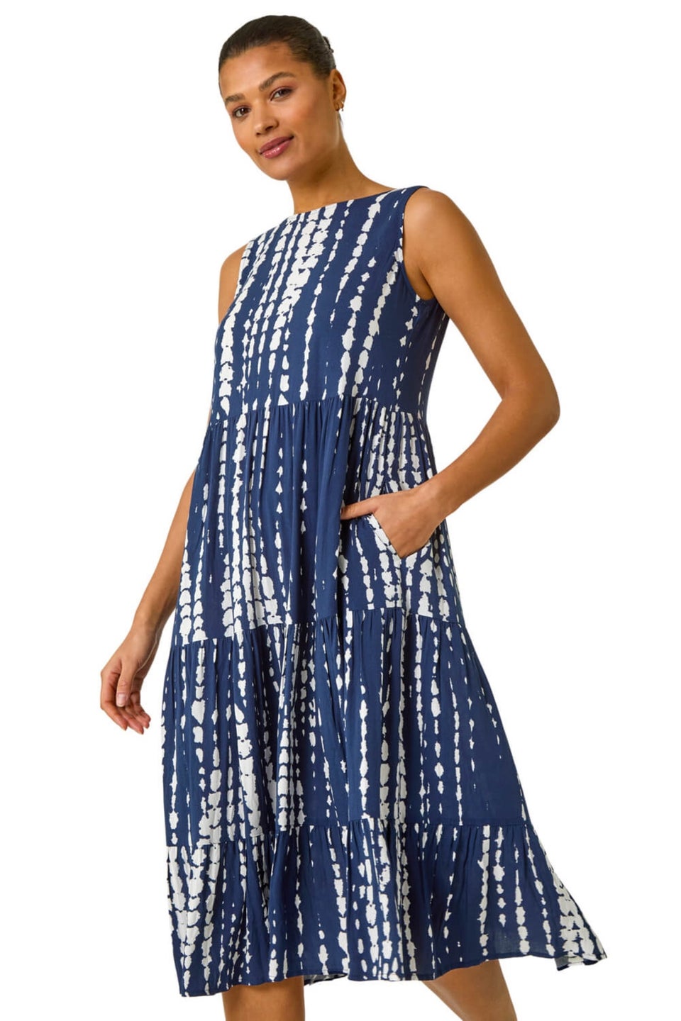 Roman Navy Tie Dye Print Smock Midi Dress