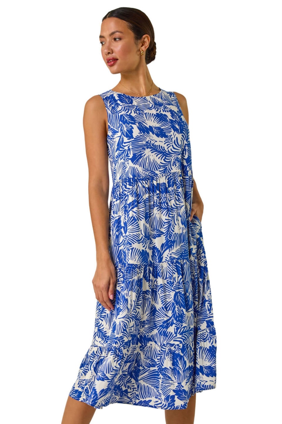 Roman Royal Blue Leaf Print Tiered Smock Midi Dress