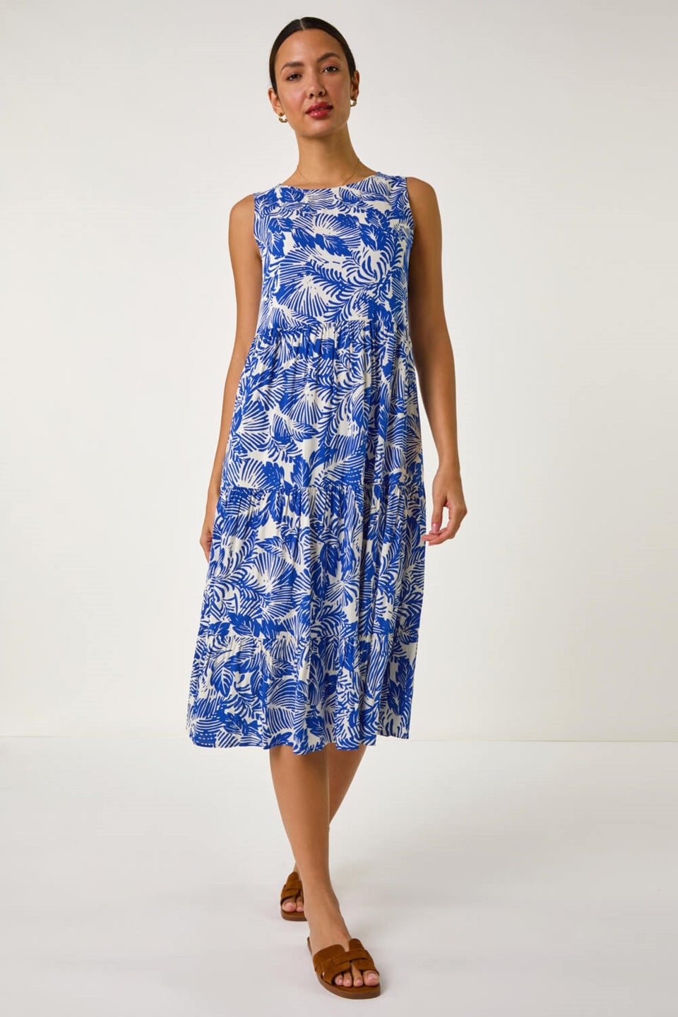 Roman Royal Blue Leaf Print Tiered Smock Midi Dress