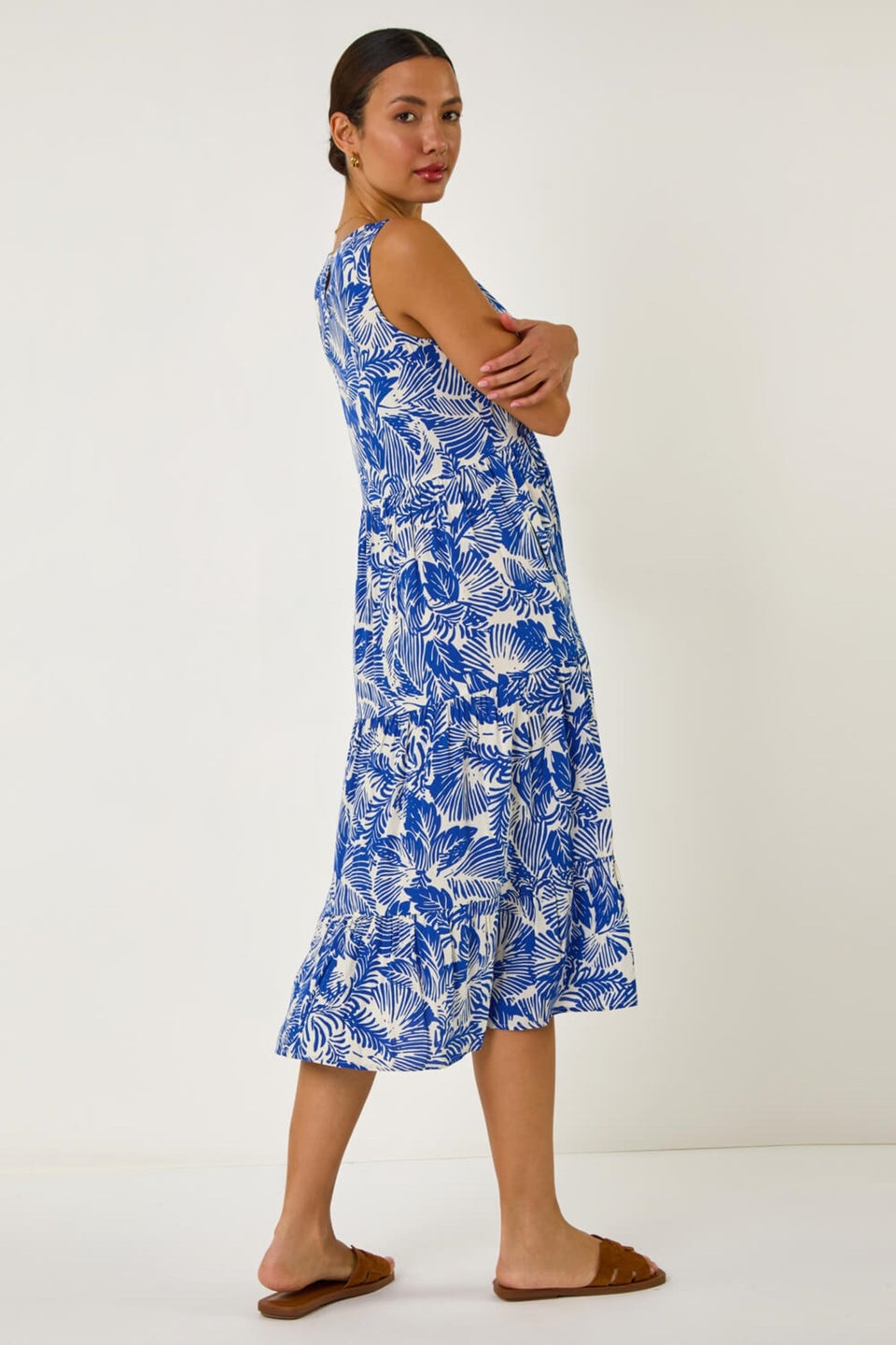 Roman Royal Blue Leaf Print Tiered Smock Midi Dress