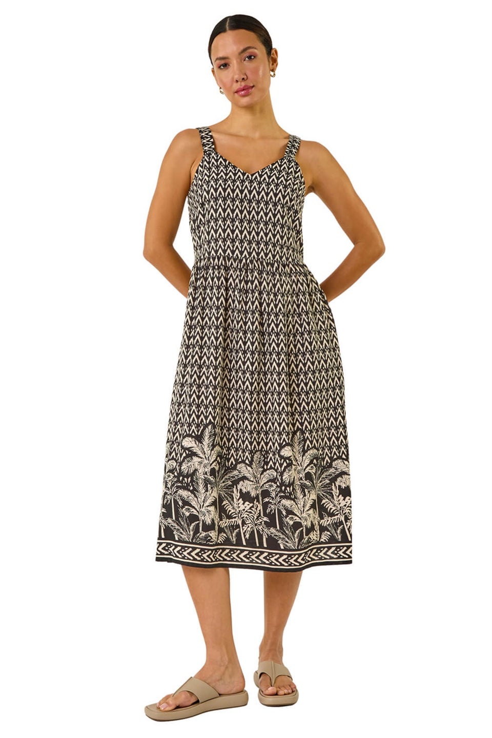 Roman Black Palm Border Print Midi Sundress