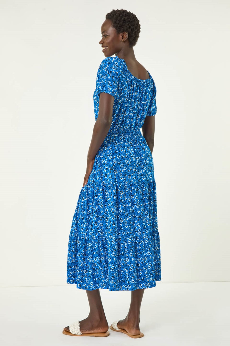 Roman Royal Blue Ditsy Print Frill Stretch Midi Dress