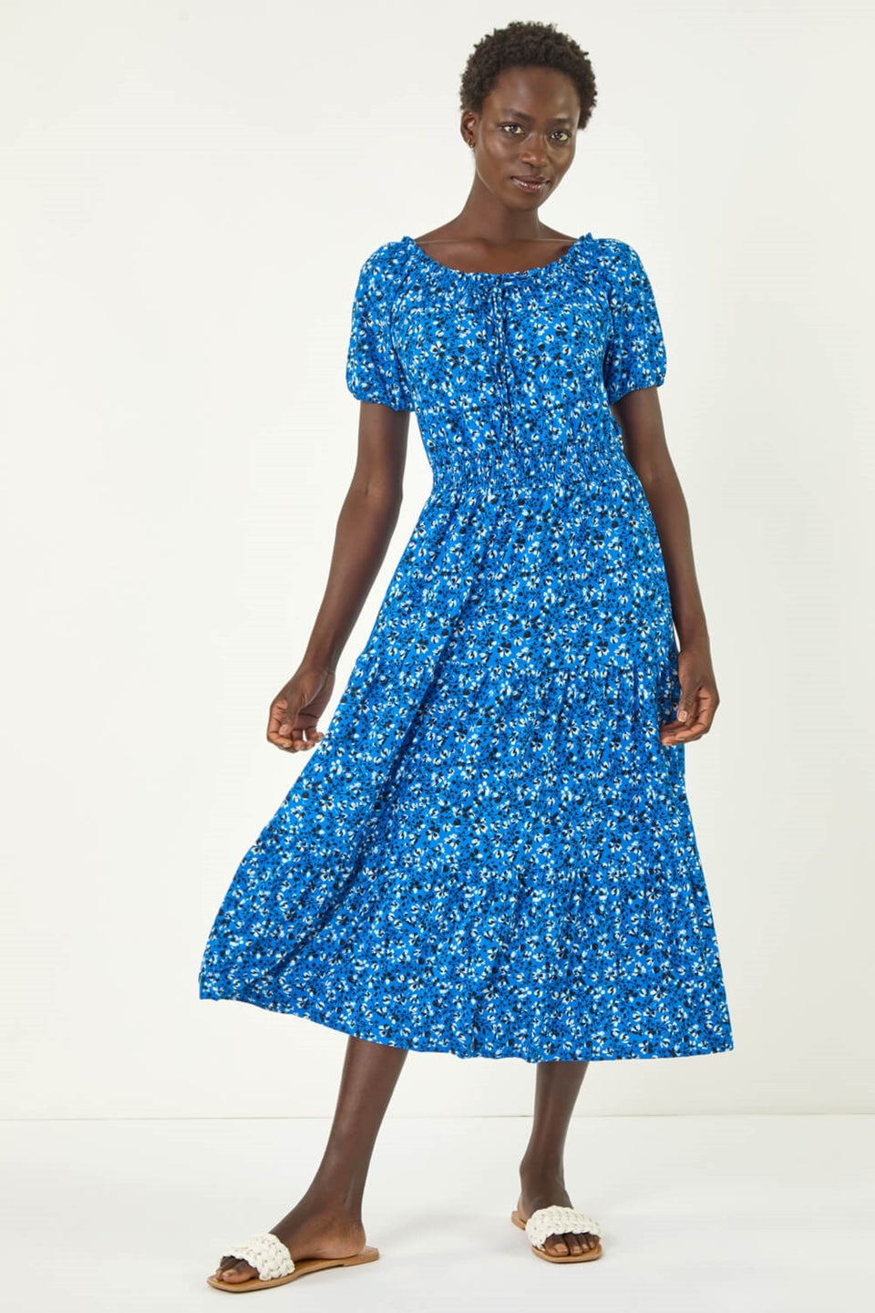 Roman Royal Blue Ditsy Print Frill Stretch Midi Dress