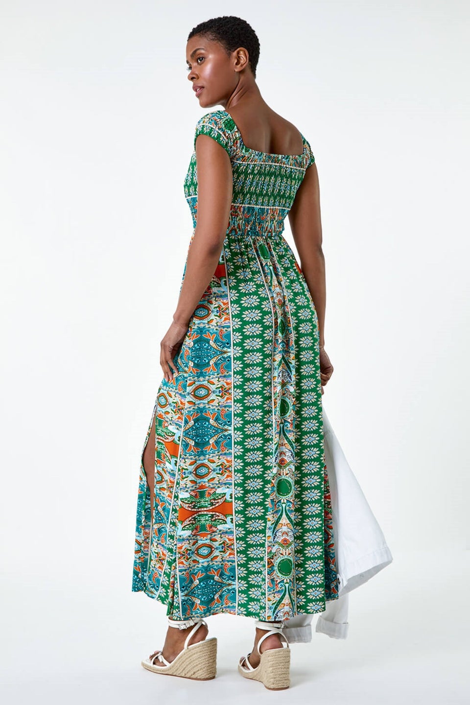 Roman Green Patchwork Shirred Bardot Maxi Dress