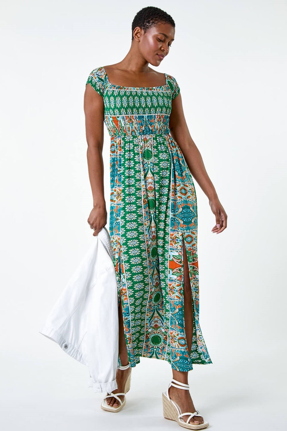 Roman Green Patchwork Shirred Bardot Maxi Dress