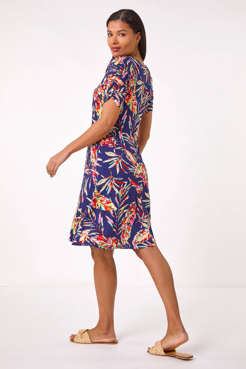 Roman Navy Leaf Print Short Dress