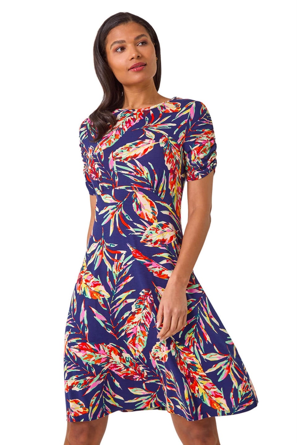 Roman Navy Leaf Print Short Dress