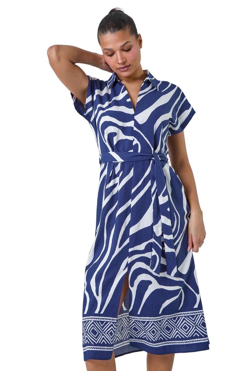 Roman Navy Animal Border Print Pocket Midi Dress