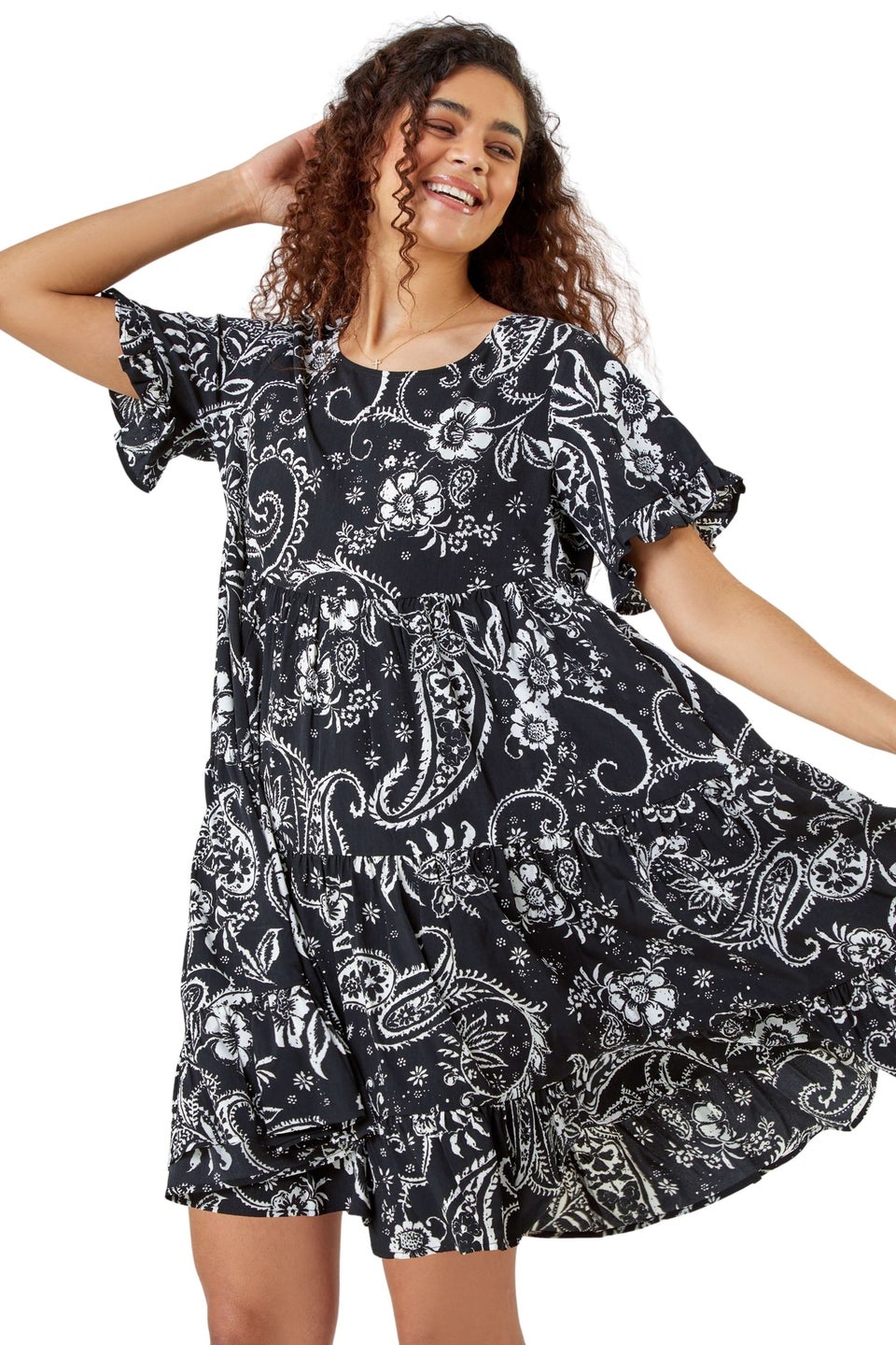 Roman Black  Paisley Floral Tiered Smock Dress