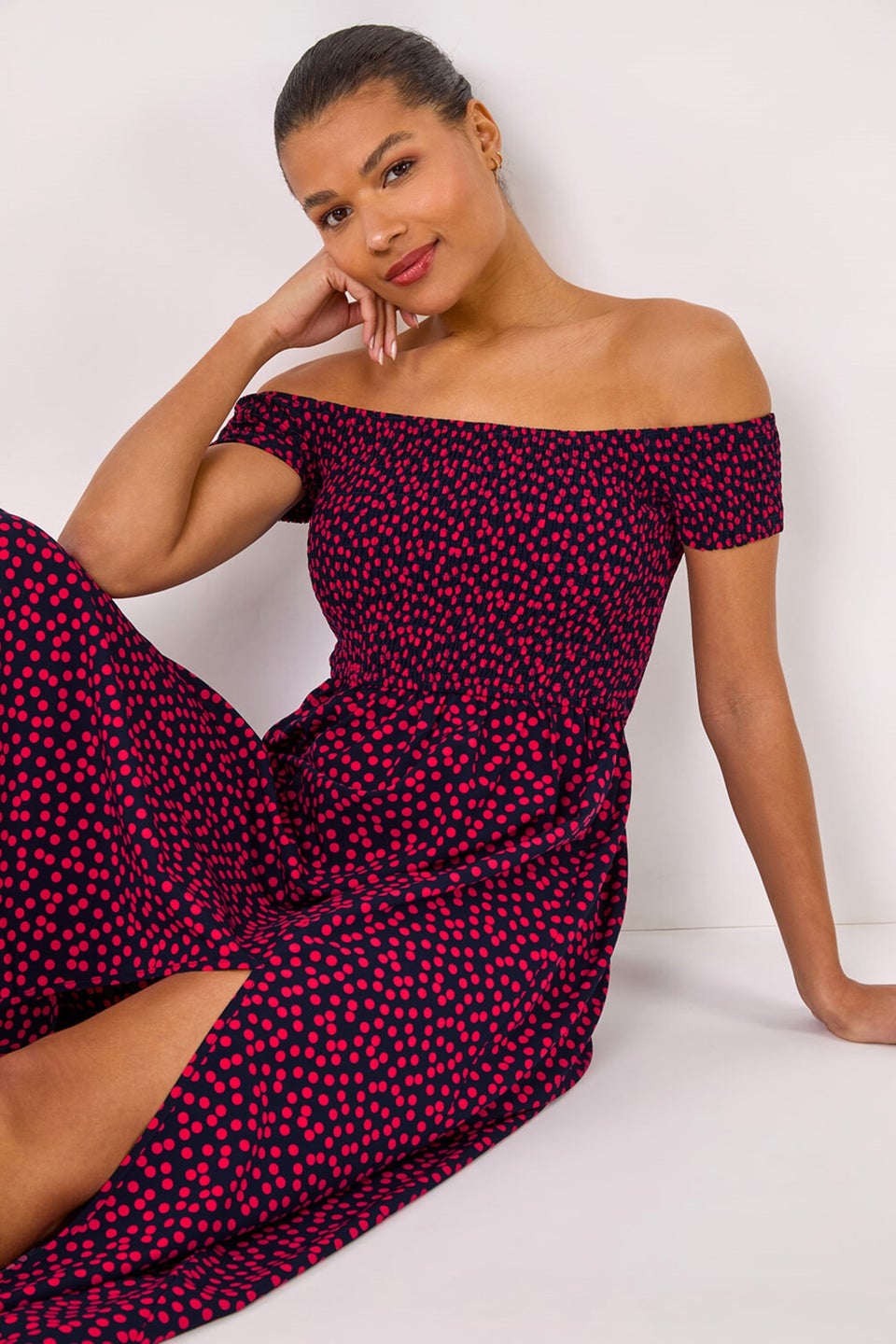 Roman Pink Spot Print Shirred Bardot Maxi Dress
