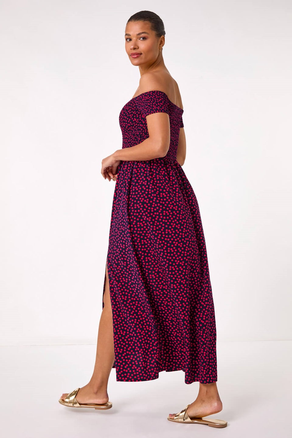 Roman Pink Spot Print Shirred Bardot Maxi Dress
