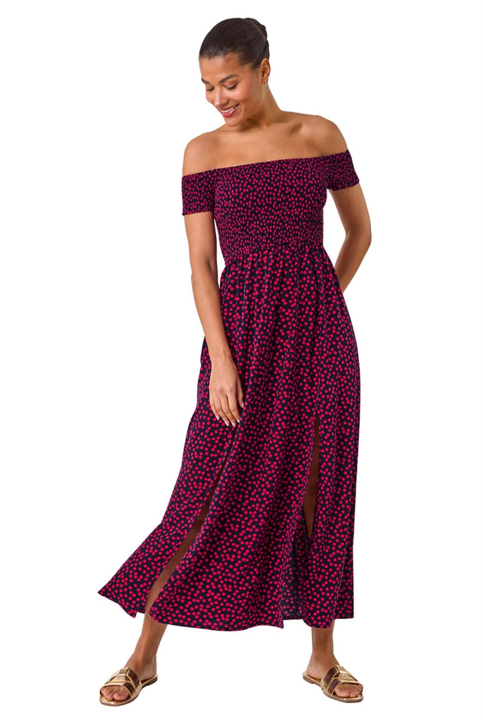 Roman Pink Spot Print Shirred Bardot Maxi Dress