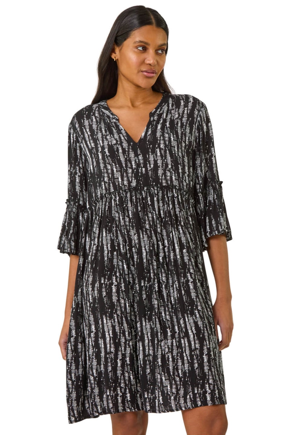 Roman Black Abstract Crinkle Smock Dress