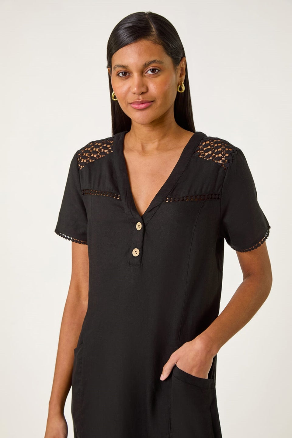 Roman Black Linen Mix Button Shift Dress