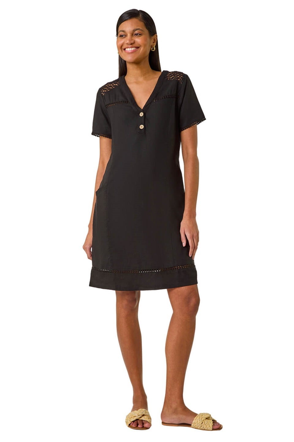 Roman Black Linen Mix Button Shift Dress