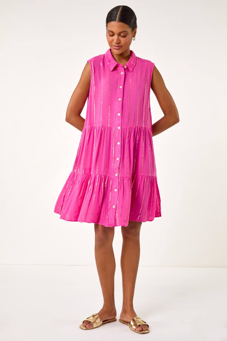 Roman Fuchsia Shimmer Button Through Shirt Dress