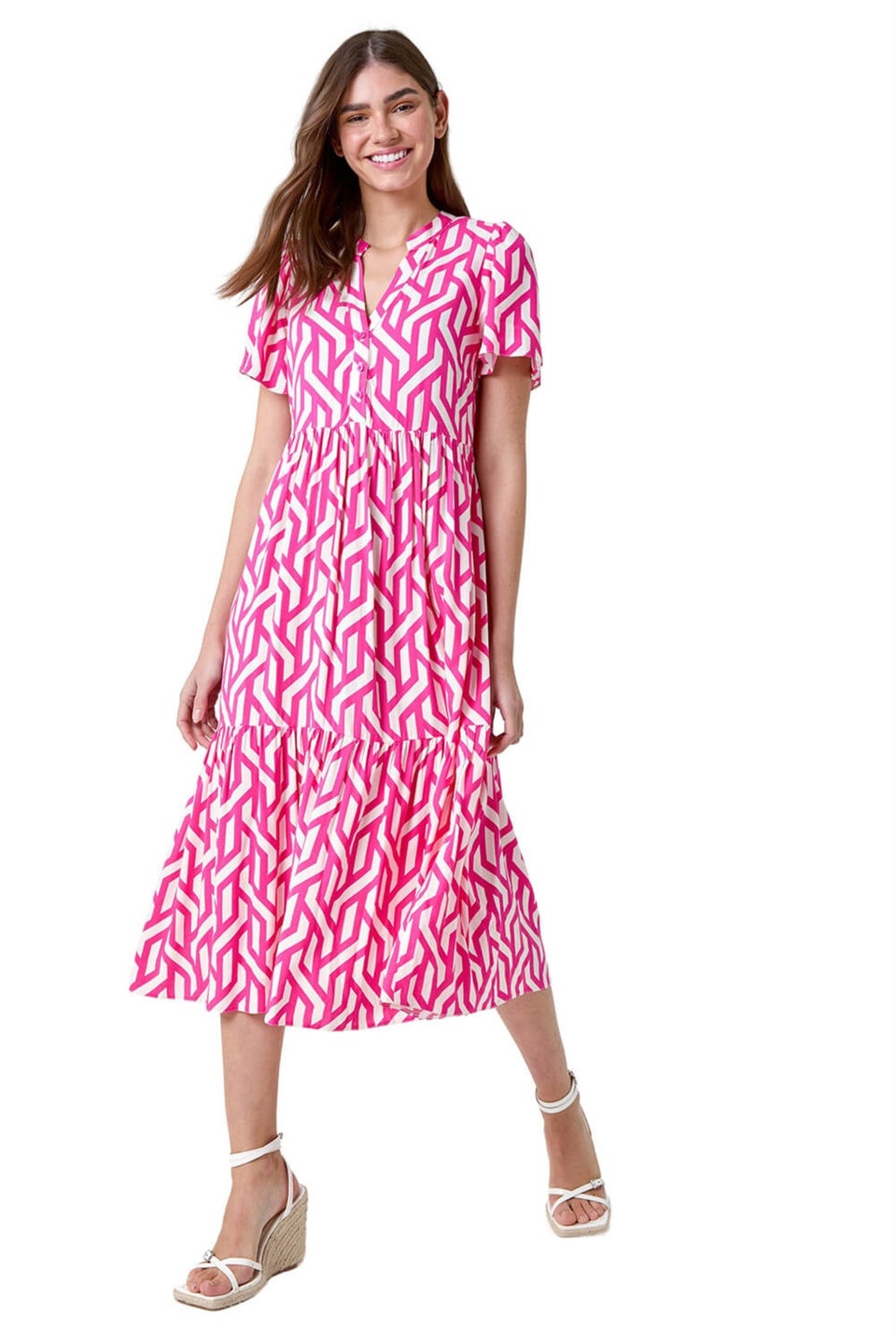 Roman Pink Geometric Print Tiered Midi Dress
