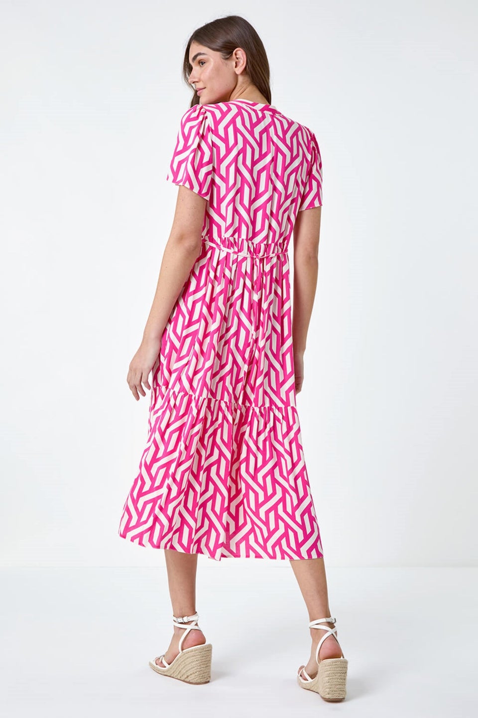 Roman Pink Geometric Print Tiered Midi Dress