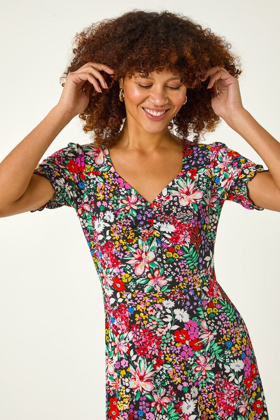 Roman Multi Floral Print Ruched Stretch Dress