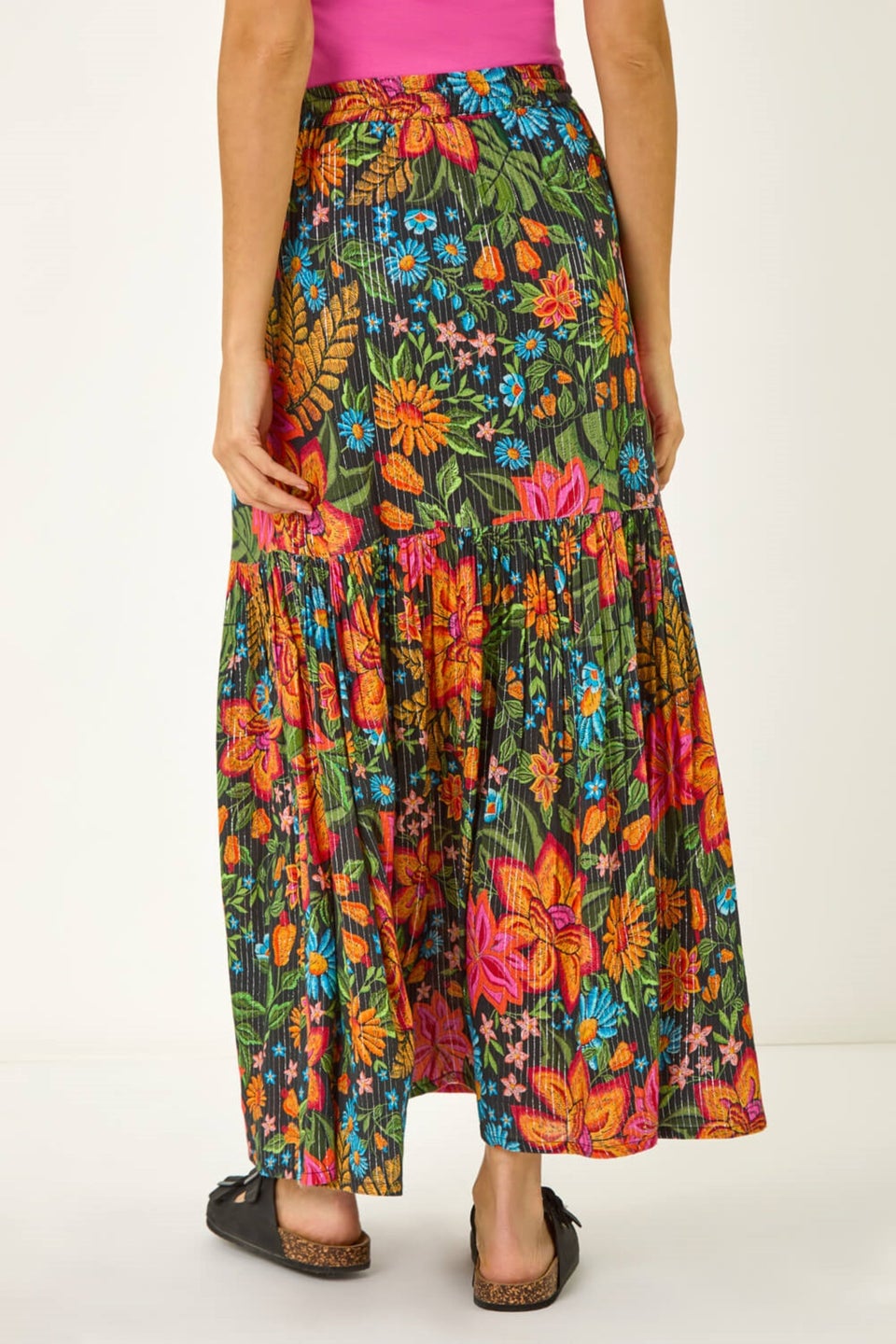 Roman Black Floral Print Tiered A Line Skirt