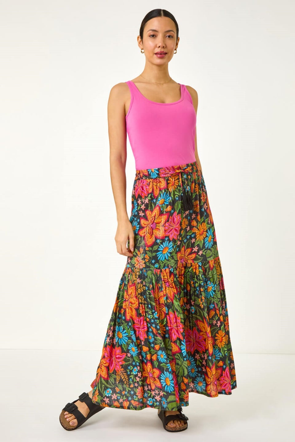 Roman Black Floral Print Tiered A Line Skirt
