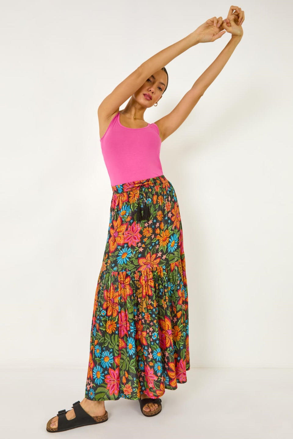 Roman Black Floral Print Tiered A Line Skirt