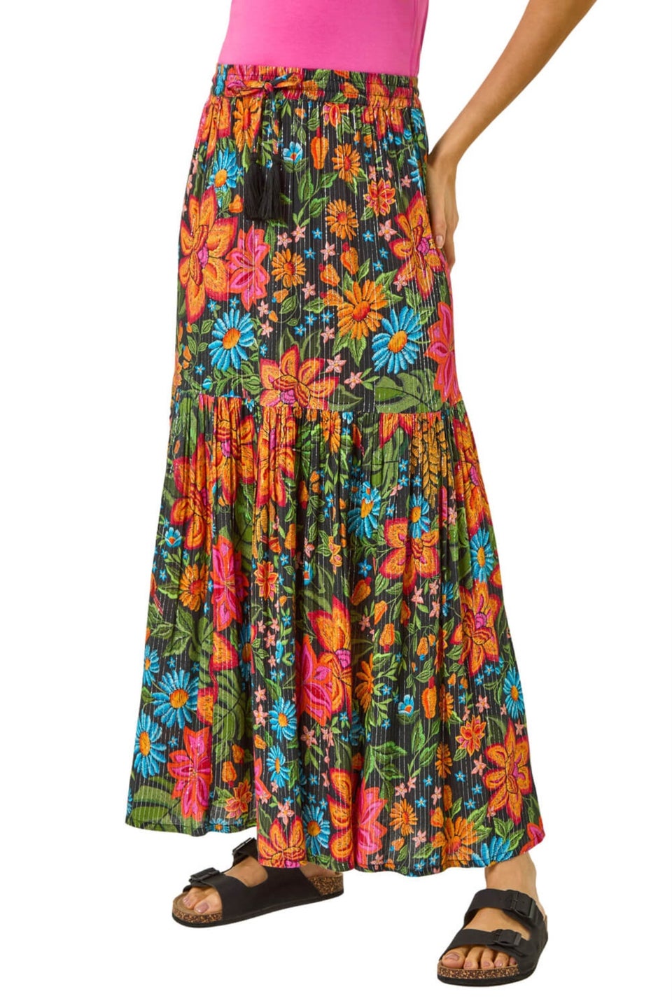 Roman Black Floral Print Tiered A Line Skirt