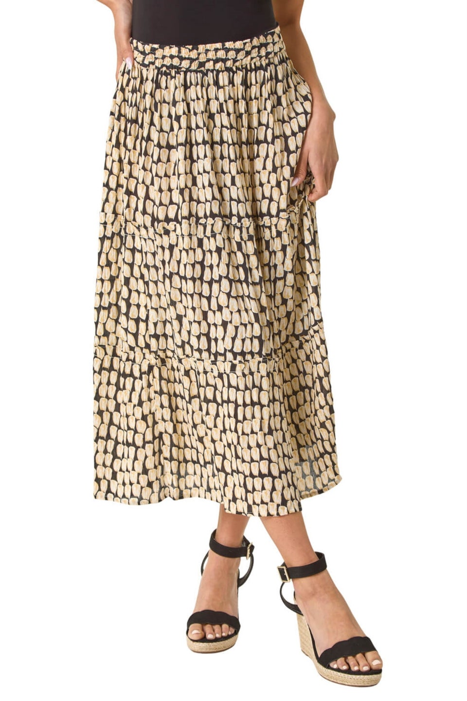 Roman Black Petite Printed Tiered Skirt