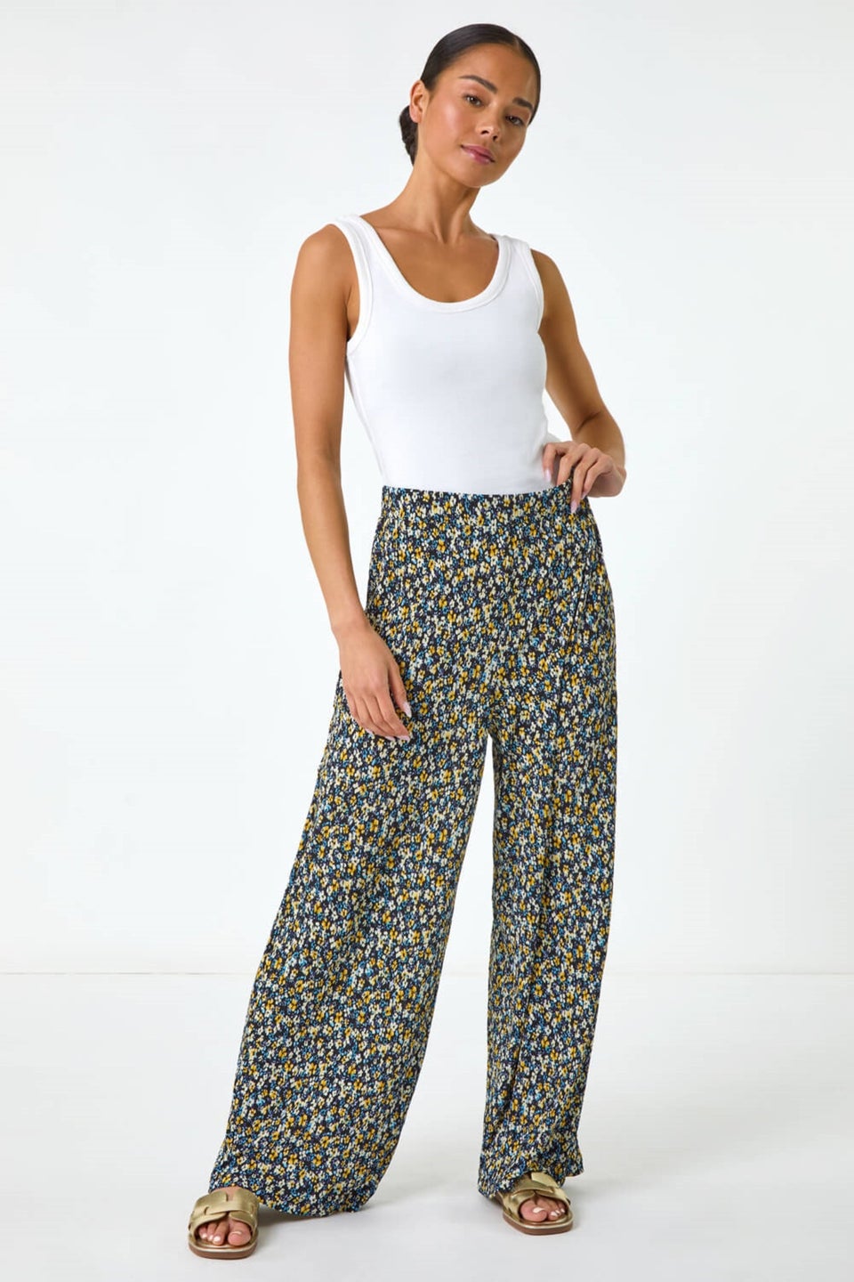 Roman Black Petite Ditsy Crinkle Trouser