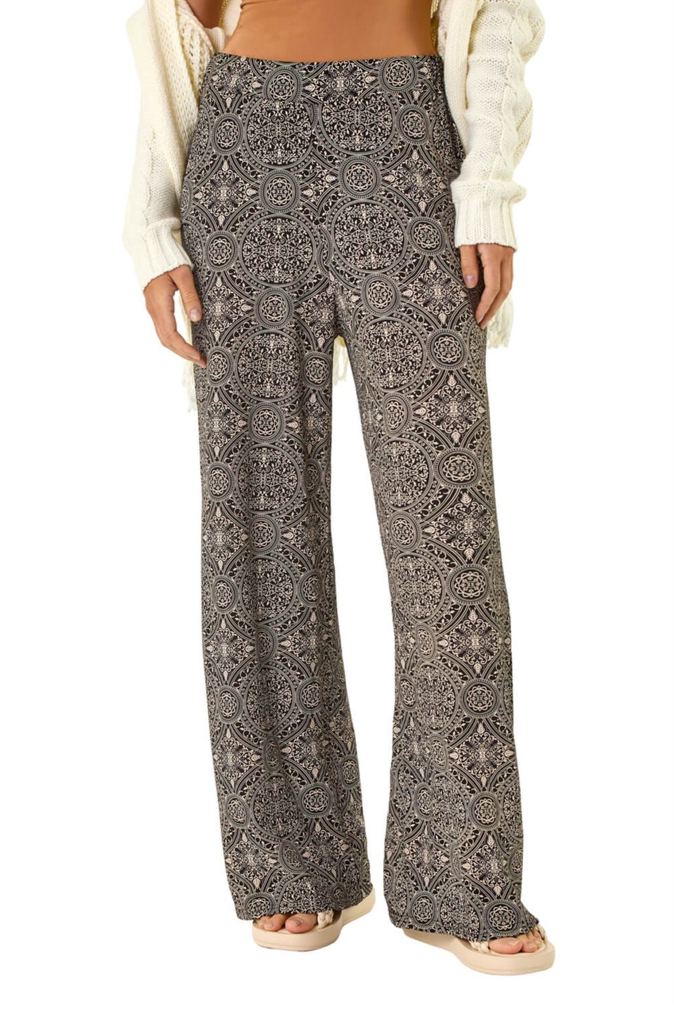 Roman Black Geometric Floral Stretch Trousers