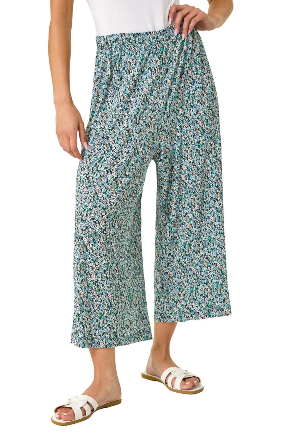 Roman Black Petite Ditsy Crinkle Cropped Trouser