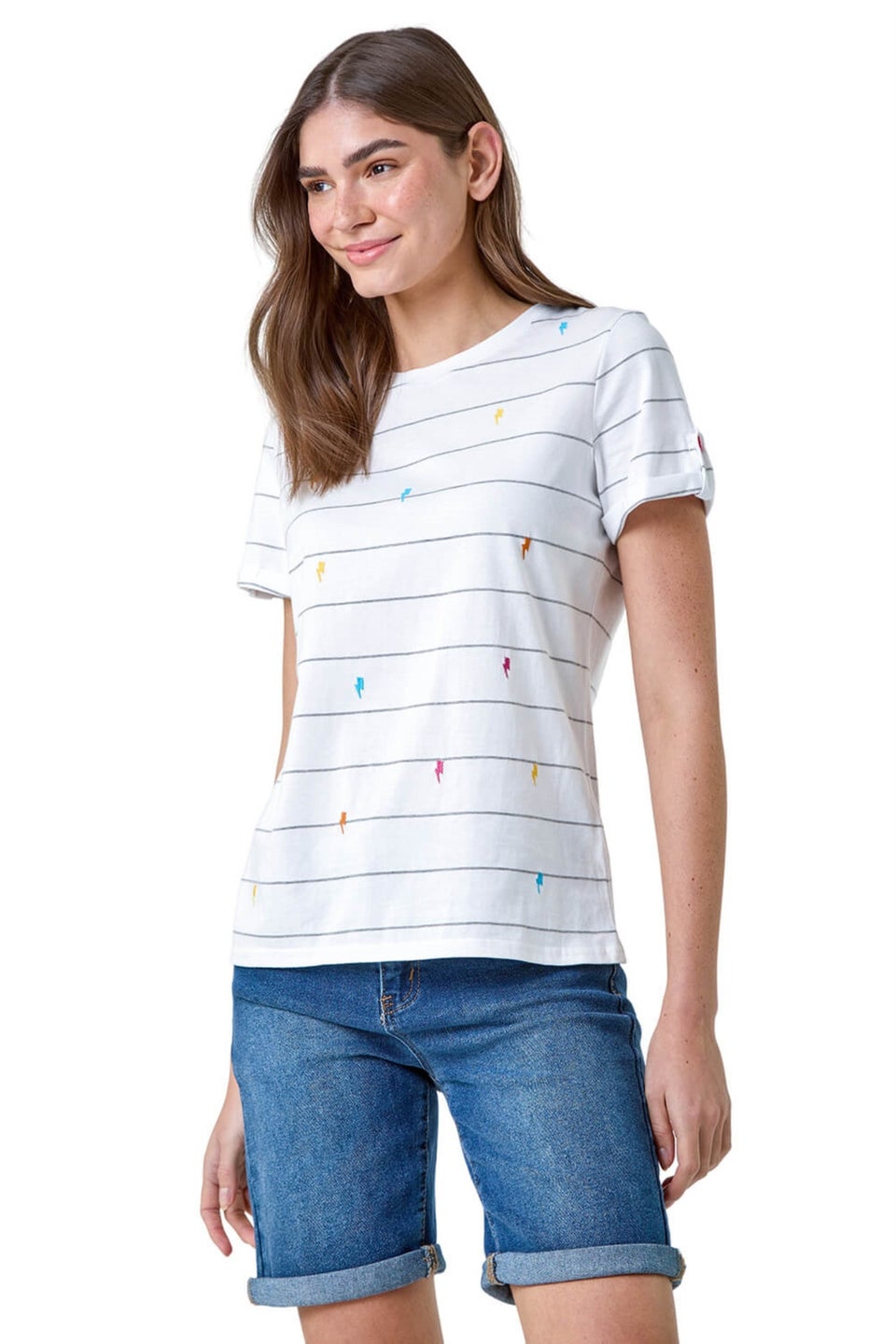 Roman White Lightning Embroidery Stripe Stretch T Shirt