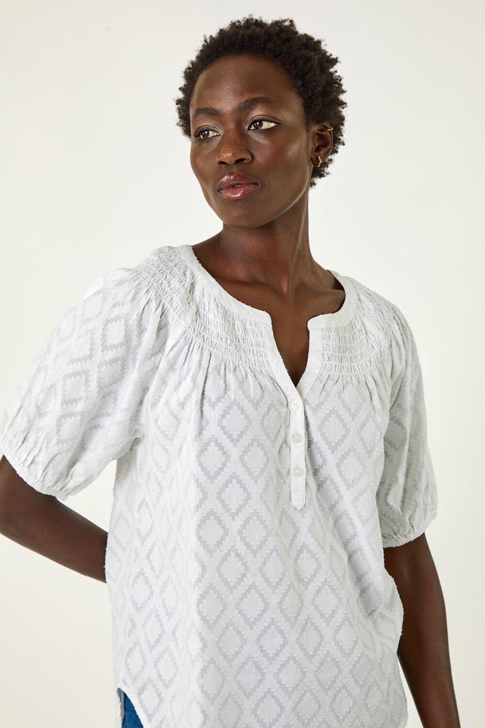 Roman Ivory Shirred Neck Textured Top